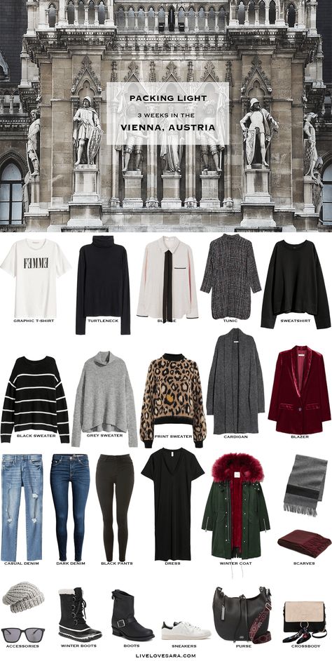 What to Pack for the Vienna, Austria Packing Light List #packinglist #packinglight #travellight #travel #capsule #capsulewardrobe #livelovesara Travel Light Winter Outfits, Winter Travel Packing, Winter Packing List, Travel Packing List, Packing For Europe, Winter Travel Outfit, Red Fur, Travel Capsule, Travel Capsule Wardrobe