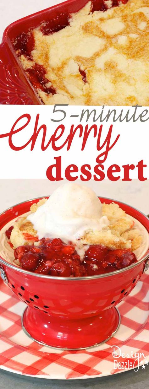 The Easiest Dessert Ever (only 3 ingredients). You will love this dessert - it's super easy and quite yummy!! It only takes 5 minutes to make! | Design Dazzle Easy Cherry Dump Cake, Cherry Dump Cake Recipe, Cherry Dump Cake, Dump Cake Recipe, Fast Desserts, Warm Desserts, Fluff Desserts, Cherry Desserts, Country Cook