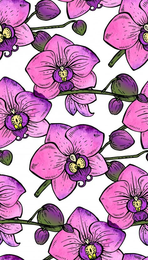 Orchid Flower Pattern, Orchid Pattern Design, Flowers With Watercolor, Bottle Paint, Orchid Wallpaper, Orchid Pattern, Collage Quilts, Zentangle Ideas, Moth Orchid