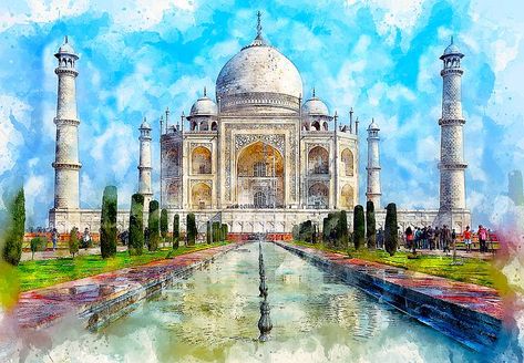 Taj Mahal, Monument, Marble, Art Taj Mahal Art, تاج محل, Painting Indian, Easy Diy Paint, Taj Mahal India, Red Fort, Mosaic Murals, Landscape Sketch, Tile Murals