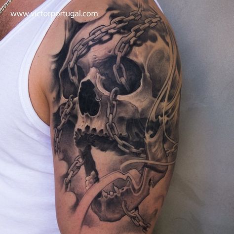 Tattoo Crane, Skulls Tattoo, Cool Half Sleeve Tattoos, Chain Tattoo, Skull Sleeve Tattoos, Motorcycle Tattoos, Skull Sleeve, Tattoo Skull, Half Sleeve Tattoos For Guys