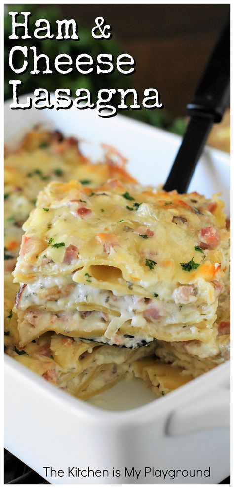 Ham & Cheese Lasagna ~ a different & delicious twist on traditional lasagna, especially great for enjoying leftover ham. www.thekitchenismyplayground.com Ham Dinner Recipes, Ham Dishes, Ham Dinner, Ham Casserole, Leftover Ham Recipes, Traditional Lasagna, Cheese Lasagna, Ham Cheese, Leftover Ham