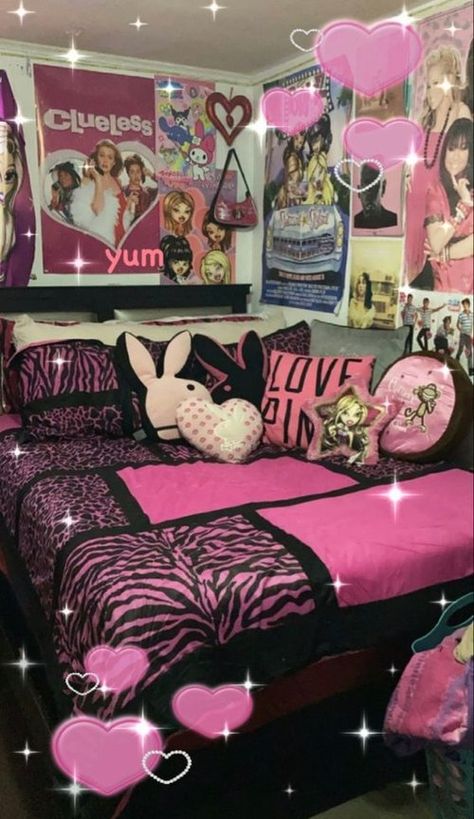 Early 2000s Room Ideas, Mcbling Room, Y2k Room Ideas, Trashy Y2k Bedroom, 2000s Room, Y2k Bedroom, Scene Bedroom, Dream Bedroom Inspiration, Hello Kitty Rooms