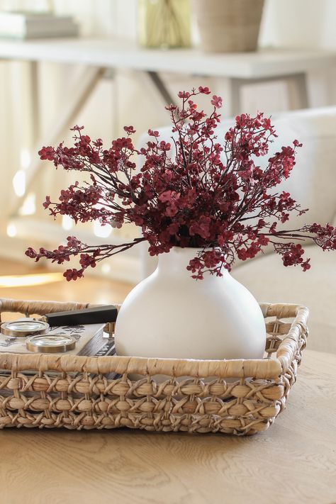 Faux Stems Bathroom, Fall Stem Arrangements, Faux Stem Arrangement, Burgundy Fall Flowers, Fall Branches In Vase, Maroon Fall Decor, Fall Foliage Decor, Fall Stems In Vase, Faux Fall Floral Arrangements