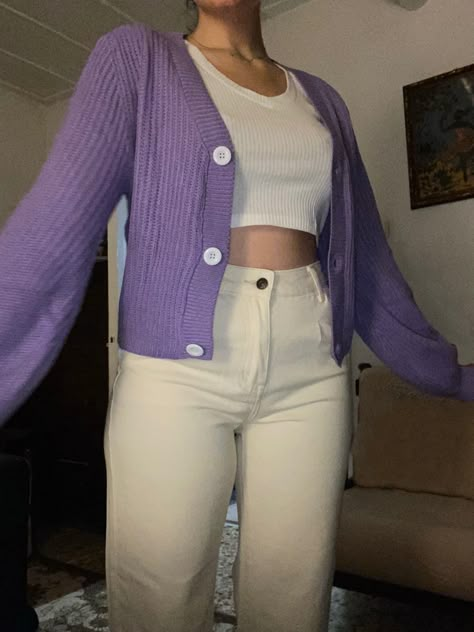 Purple With Beige Outfit, Beige Purple Outfit, How To Style Purple Cardigan, Cardigan Outfit Purple, Purple And White Outfit Aesthetic, Pastel Purple Aesthetic Outfit, Purple Sweater Outfit Aesthetic, Beige Purple Aesthetic, Purple Core Outfit