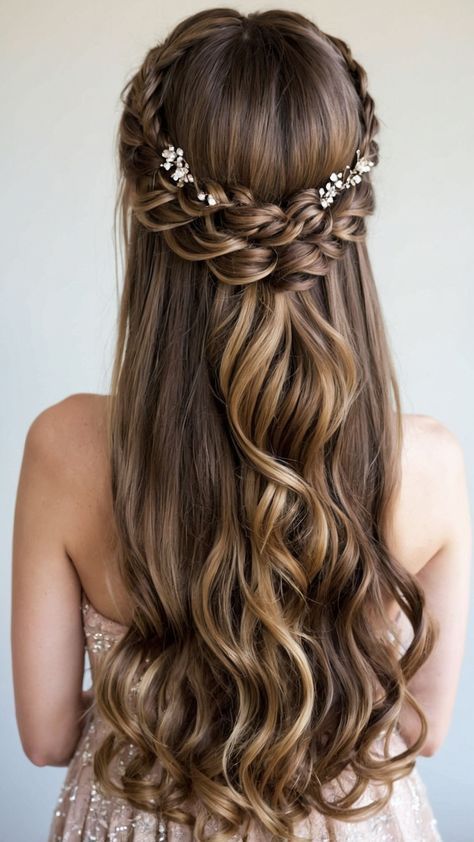 Hairstyles For Debutant, Formal Hair Inspo Down, Half Up Half Down Evening Hair, Long Wavy Hair Styles For Wedding, Unique Hoco Hairstyles, Rustic Wedding Hairstyles For Long Hair, Wedding Hairstyles For Dark Hair, Prom Hair Styles Updos, Hair Styles For A Dance