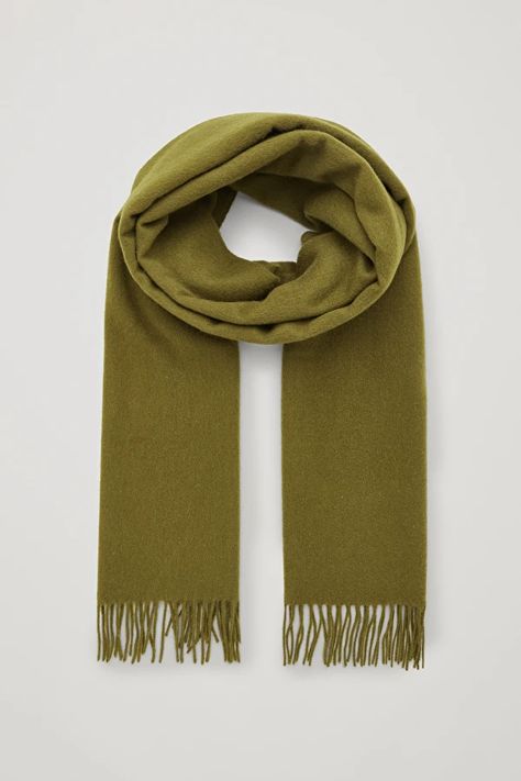 RECYCLED WOOL-CASHMERE SCARF - Rich olive green - Hats Scarves and Gloves - COS Olive Green Scarf, Olive Green Hat, Cosy Winter, Blue Hat, Scarf Design, Coats Jackets Women, Cashmere Scarf, Khaki Green, Winter Accessories