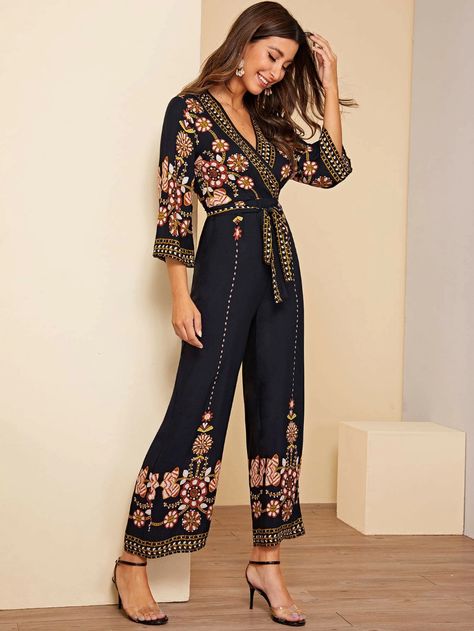 Surplice Wrap Random Floral Belted Wide Leg Jumpsuit | SHEIN Embroidery Jumpsuit, Embroidery Belt, Cute Jumpers, Pretty Shorts, Unique Boutique, Long Style, Boho Women, Shein Style, Wide Leg Jumpsuit