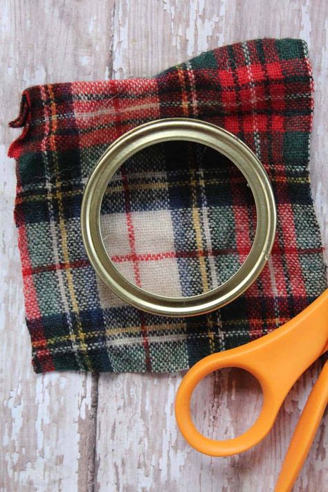 Flannel Shirt Ornaments Diy, Christmas Ornaments From Flannel Shirts, Flannel Shirt Ornaments, Flannel Shirt Christmas Ornaments, Ball Jar Lid Ornaments, Flannel Ornaments Diy, Mason Jar Lid Rings Crafts, Canning Rings Crafts, Canning Jar Lid Ornaments