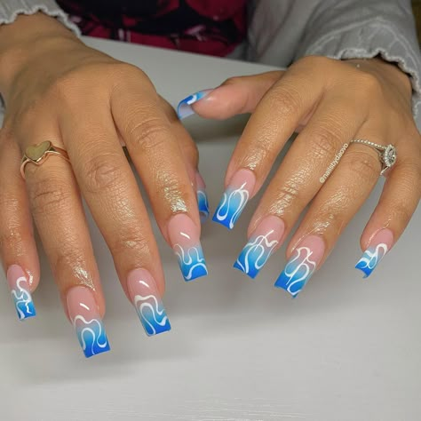 Trendy Holiday Nails Summer, Blue Acrylic Nail Designs Ideas, Festival Nails Blue, Bright Blue Nails Acrylic, Crazy Blue Nails, Blue Festival Nails, Light Blue Nail Ideas Short, Rave Nails Short, Blue Holiday Nails Summer