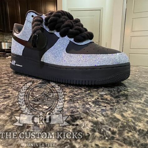 Matte Black/Diamond Glitter Nike Air Force 1 Custom Glitter Air Force 1, Glitter Nike, Glitter Nikes, Black Force, Diamond Shoes, Nike Air Force 1 Custom, Air Force 1 Custom, Custom Air Force 1, Diamond Glitter