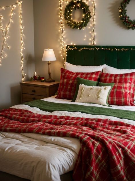 Green And Red Bedding, Green Christmas Bedroom Decor, Christmas Bedroom Green, Christmas Home Decor Ideas Living Room, Green And Red Bedroom, Red And Green Bedroom, Christmas Themed Room, Christmas Themed Bedroom, Xmas Bedroom