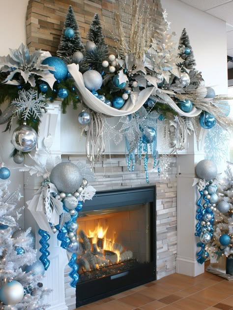 20 Magical Christmas Mantel Decorating Ideas to Inspire Your Holiday Decor - Home Made Graceful Blue And Silver Christmas Mantle, Christmas Decorations Blue And Silver, Blue And Silver Christmas Decor Ideas, Christmas Decor Ideas Blue And Silver, Blue Xmas Decorating Ideas, Trending Christmas Decor 2024, Christmas Decor Ideas Blue, Christmas Decor Ideas Fireplace, Mantel Decorating Ideas Christmas