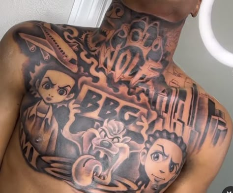 Full Chest And Stomach Tattoos, Hairline Tattoos Men, Freestyle Chest Tattoo, Hood Chest Tattoos Men, Hood Tattoos Men, Chest And Neck Tattoos Men, Mexicano Tattoos, Hood Neck Tattoos, Neck And Throat Tattoos Men Hood