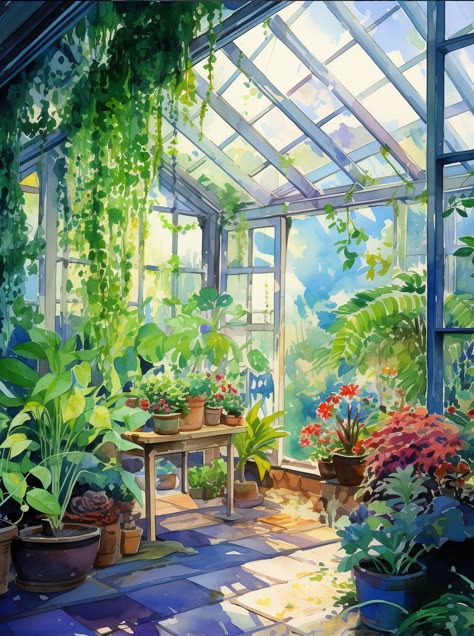 Greenhouse In Apartment, Green House Sketch, Green House Painting, Plant Shop Illustration, Greenhouse Drawing, Greenhouse Illustration, Greenhouse Art, Glass Green House, Butterfly Park