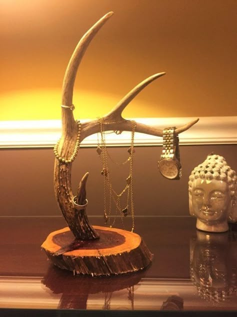 Deer Antler Jewelry Holder, Antler Jewelry Holder, Deer Antler Ideas, Antler Projects, Deer Antler Crafts, Deer Antler Jewelry, Antler Ideas, Deer Antler Decor, Antlers Decor