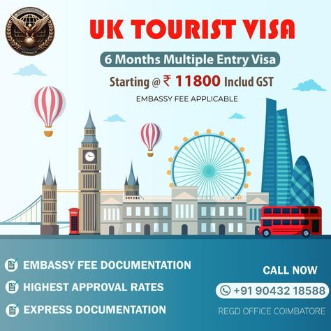 UK Tourist VISA - 6 Months Multiple Entry VISA starting at ₹11,800 Incl GST Call : +91 90432 18588 Visit : https://zurl.co/uwGt #GlobalCareerConnect #GCC #UKTouristVisa #UK #EmbassyFeeDocumentation #HighestApprovalRates #ExpressDocumentation Uk Tourist Visa, Coimbatore, 6 Months, Quick Saves