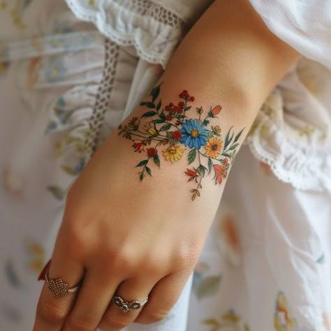 Latino Inspired Tattoos, Wrist Flowers Tattoo, Around The Wrist Tattoos For Women, Cross Stitch Tattoos For Women, Tattoo Cuffs For Women, Floral Tattoo Bracelet, Be Yourself Tattoo Ideas, Arm And Hand Tattoos For Women, Vine Wrist Tattoos For Women