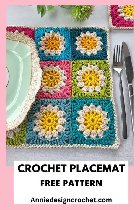 Bring sunshine to your table with this free pattern for daisy crochet placemats and coasters! The charming daisy granny squares add a touch of whimsy to your dining table, making them a delight to use and display. This crochet rectangle placemat is very functional.  Made with durable cotton yarn, they protect your table surface from spills and scratches.  Plus, they’re easy to care for – simply toss them in the washing machine for a quick refresh! SAVE pin for later! Crochet Flower Bunting, How To Make Placemats, Crochet Rectangle, Crochet Cup Coaster, Make Step By Step, Crochet Table Topper, Coaster Tutorial, Crochet Towel Topper, Crochet Placemat