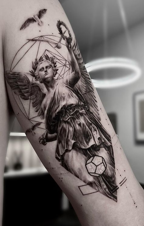 The Styles and Meanings Behind Greek Mythology Tattoos Greek God Geometric Tattoo, Realism Greek Mythology Tattoo, Back Tattoo Mythology, Thanatos Tattoo Greek Mythology, Greek God And Goddess Tattoo, Ancient Mythology Tattoos, Ancient Greece Tattoo Mythology, Hermes Greek God Tattoo, Hermes God Tattoo