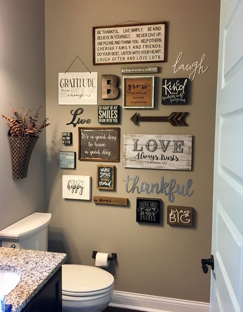 Powder Room Signs Diy, Powder Room Sign On Door, Wall Collage Bathroom, Bathroom Wall Collage Ideas, Wall Decor Powder Room, Bathroom Collage Wall, Rest Room Ideas, Powder Room Wall Art, Diy Powder Room