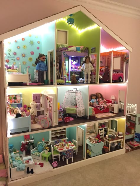 American Girl 3-story dollhouse My Life Dolls Organization, My Life Doll House, My Life Doll House Diy, Diy My Life Doll House, American Girl Organization Ideas, American Girl Doll Organization Ideas, American Girl Storage Ideas, American Girl Doll Organization, Diy American Girl Doll House