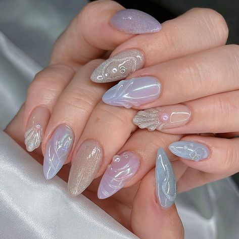 ᥫ᭡ underwater 𓇻 ₊˚ something so soothing with these colours 😌💜 June/July Mermaid special on Medium Almond Gelx #naildesign #nailart #nailinspo #mermaidnails #beachnails #summernails #magnetnails #chromenails #nails2inspire #trendynails #gelxnails #gelxinspo Mermaidcore Nails Aesthetic, Nail Inspiration Colourful, Mermaid Nails Almond, Mermaid Gel Nails Ideas, Mermaid Nails Design Simple, Mermaid Nails Aesthetic, Medium Almond Nails Designs, Mermaid Nails Design, Mermaid Colours