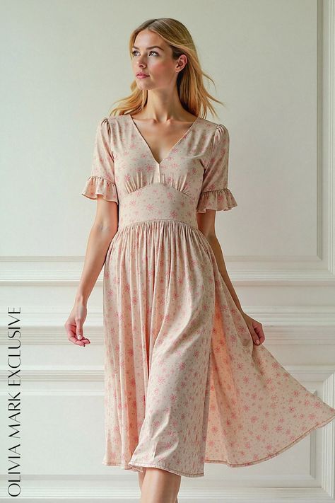 A symphony of soft peach and delicate pink florals dance across a fabric that whispers of summer breezes. The V-neckline, a tender invitation, leads the eye upward to fluttering cap sleeves that whisper secrets of a bygone era. cinched at the waist, the dress becomes a portrait of grace, before unfurling into a skirt that cascades like a waterfall of dreams. Olivia Mark, where fashion meets fairytale. Bygone Era, Summer Breeze, Ruffled Sleeves, Floral Midi Dress, Olivia Mark, Blush Pink, Cap Sleeves, The Dress, Blush