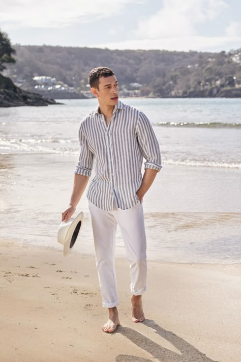 Men’s French Riviera Style, Men Summer Linen Outfits, Men's Linen Outfits, Summer Linen Menswear, Mens White Linen Shirt Outfit, Mens Florida Fashion, Striped Shirts Men, Men’s Resort Style, Men’s Beach Wedding Outfit