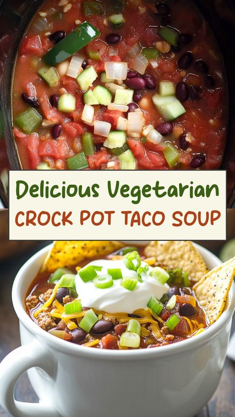 Discover a delightful and flavorful recipe for Vegetarian Crock Pot Taco Soup that is perfect for busy weeknights or lazy weekends. This soup is loaded with black beans, corn, tomatoes, and a delicious blend of Mexican spices to create a soul-warming meal that the whole family will love. Simply toss all the ingredients into your crock pot in the morning and come home to a satisfying dinner that is ready to be enjoyed. Vegetarian Taco Soup Recipe, Vegetarian Taco Soup, Crock Pot Taco Soup, Vegetarian Taco, Vegan Crockpot, Black Beans Corn, Taco Soup Crock Pot, Crock Pot Tacos, Taco Soup Recipe