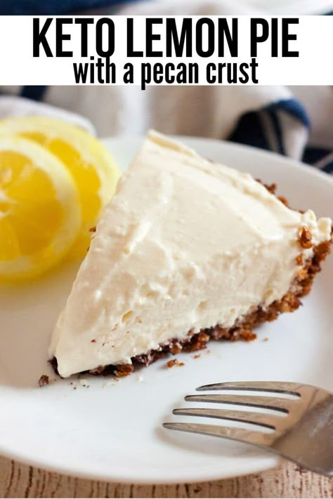 This Keto Friendly Low Carb Lemon Pie is so refreshing and delicious! The pecan crust adds just the right amount of flavor to the tart filling. It is so easy and simple to make. It's the perfect spring/summertime keto/low carb dessert idea. Keto Lemon Pie, Kasey Trenum, Lemon Pie Recipe, Pecan Crust, Lemon Pie Filling, Postre Keto, Boiled Egg Diet Plan, Cold Desserts, Recetas Keto