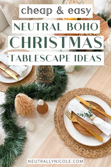 Set the perfect holiday mood with our Neutral Boho Christmas Table Settings. Explore the charm of Scandinavian Christmas decorations and create a cozy Christmas tablescape that will leave your guests in awe. Boho Christmas Table, Neutral Boho Christmas, Boho Tablescape, Boho Christmas Decor, Festive Tablescape, Festive Table Setting, Boho Texture, Dining Room Centerpiece, Scandinavian Christmas Decorations