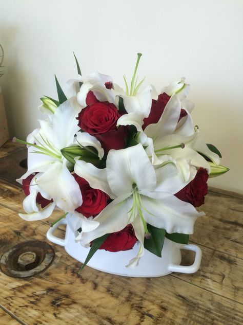 Red rose and White lily wired bouquet Wired Bouquet, Red Rose Bouquet, White Lily, White Lilies, Bridal Bouquets, Rose Bouquet, Red Rose, Bridal Bouquet, Red Roses