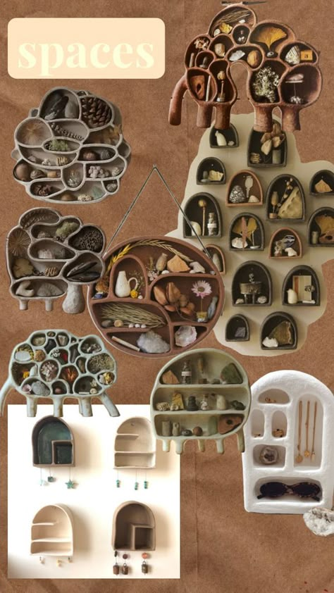 Check out jacqperry's Shuffles Diy Clay Shelves, Diy Hand Building Pottery, Paper Mache Trinket Shelf, Ceramic Shrine Ideas, Ceramic Display Ideas, Ceramic Jewelry Stand, Papercrete Projects, Clay Shelves, Small Ceramic Ideas