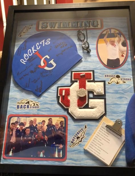 Swimming shadow box Senior Night Gift Ideas Swim, Senior Board Ideas Swimming, Swimming Room Ideas, Senior Swim Board Ideas, Senior Night Ideas Swimming, Swimming Ribbon Display Ideas, Swim Senior Gift Ideas, Senior Swim Team Gifts, Senior Night Gift Ideas Swimming