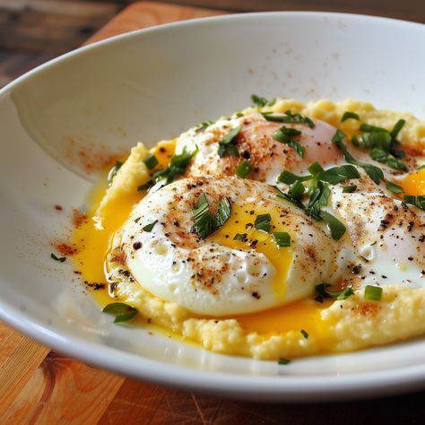 Creamy Polenta with Poached Eggs Poached Egg Dishes, Polenta For Breakfast, Polenta And Eggs Recipes, Poached Eggs Oven, Poached Egg Breakfast Ideas, Polenta With Eggs, Egg Polenta, Polenta Eggs, Polenta Breakfast Bowl