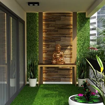 Balcony Budha Ideas, Balcony Sitout Designs Modern, Balcony Wall Design Ideas, Modern Home Balcony Design, Balcony Wall Design Exterior, Terrace Gardening Ideas, Sitout Wall Design, Balcony Panelling, Terasa Ideas Balcony Garden