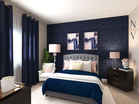 Small Blue Bedroom, Jewel Tone Paint, Jewel Tone Paint Colors, Navy Gold Bedroom, Navy Blue Rooms, Blue And Pink Bedroom, Blue And Gold Bedroom, Navy Bedrooms, Navy Blue Bedrooms