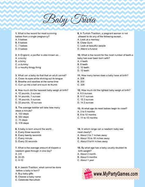 Free Printable Baby Shower Trivia Game in Blue Color Baby Shower Questions, Baby Trivia Game, Baby Shower Trivia, Baby Shower Quiz, Peacock Baby, Baby Trivia, Free Printable Baby Shower Games, Free Baby Shower Games, Funny Baby Shower Games