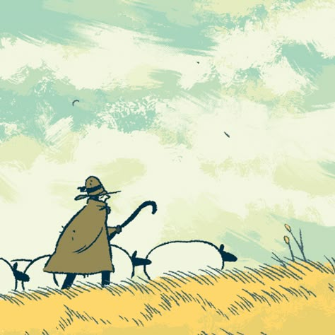 Landscape Animation Gif, Aesthetic Animation Gif, Animation Gif Illustration, Things To Animate, Sheep Animation, Grass Animation, Illustrated Animation, Aesthetic Animation, Animation Aesthetic