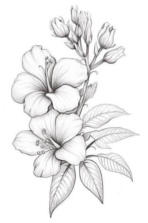 White Hibiscus Flower Painting, Ilima Flower Tattoo, Hibiscus Tattoo Drawing, Hibiscus Black And White, Hibiscus Tattoo Black And White, Tropical Flowers Drawing, Hibiscus Flower Tattoo Design, Flower Drawing Pencil, Flower Tattoos On Shoulder