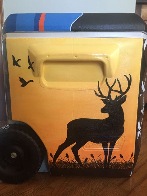 #cooler #paintedcooler #hunting #deer Cooler Painting Ideas For Guys, Painting Cooler Ideas, Ato Cooler, Nola Cooler, Hunting Jokes, Frat Formal, Fraternity Cooler, Women Hunting, Painted Coolers