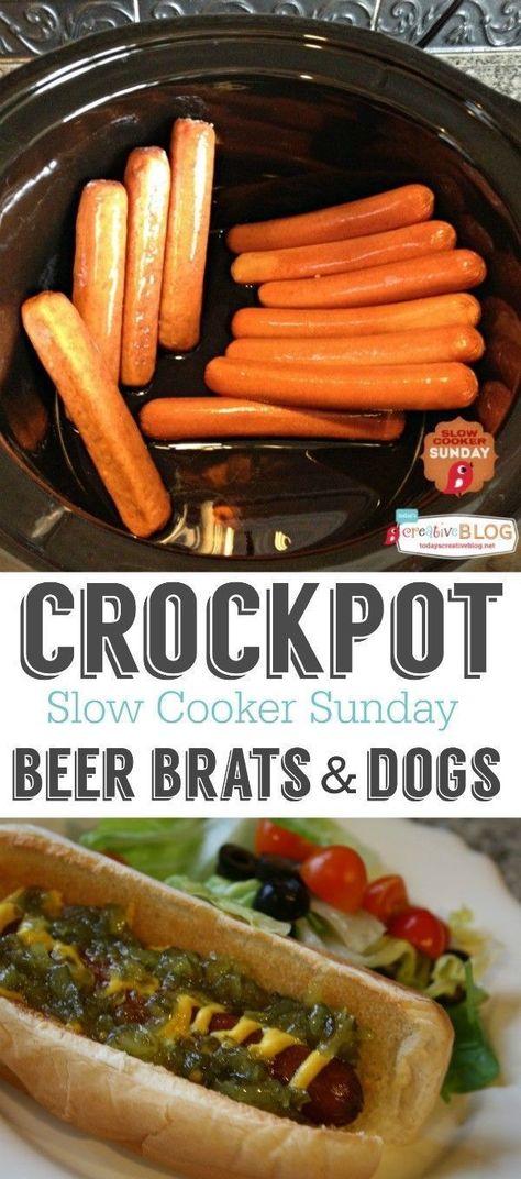 Crockpot Beer Brats and Dogs | Great for when you've got a crowd to feed! Find more Slow Cooker Recipes on TodaysCreativeBlog.net Brats In Crockpot, Slow Cooker Sunday, Crockpot Slow Cooker, Tailgate Snacks, Beer Brats, Steamer Basket, Cooking For A Crowd, Feed A Crowd, Healthy Food List