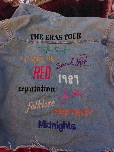 Eras Tour Outfits Jacket, Taylor Swift Eras Tour Jacket, Taylor Swift Eras Jean Jacket, Taylor Swift Jacket Ideas, Taylor Swift Eras Jacket, Taylor Swift Embroidery Jeans, Taylor Swift Eras Denim Jacket, Jean Jacket Taylor Swift, Taylor Swift Diy Clothes