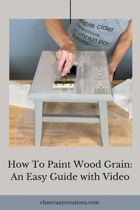 How to paint wood grain? My cabinets are high, and it's hard to get around my washer and drier. I grabbed this stool from a garage sale and gave it an easy makeover with a wood grain tool. Find the full tutorial at chascrazycreations.com How To Paint Wood Grain Look, How To Paint To Look Like Wood Grain, How To Make Paint Look Like Wood Grain, Wood Grain Painting Tool, Painting Faux Wood Grain, Fake Wood Grain Painting, Wood Grain Paint Roller, Wood Grain Painting, Wood Grain Tool