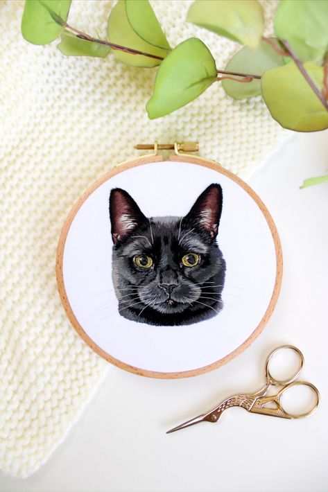 Black Cat Embroidery, Cat Pet Portrait, Needle Painting, Animals Embroidery, Portrait Embroidery, Embroidered Portrait, Cat Portrait, Animal Embroidery, Into Art