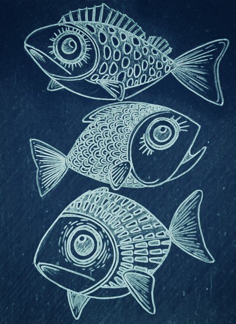 Blue And White Art Aesthetic, Artsy Fish Drawing, Fish School Drawing, Fish Marker Drawing, Japanese Fish Drawing, Funny Fish Drawing, Drawing Ideas Fish, Sea Fish Drawing, Colorful Fish Drawing