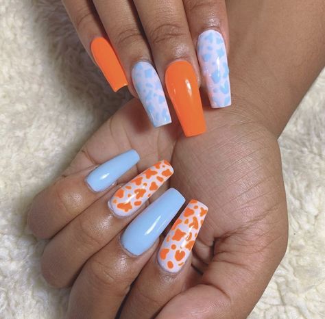 Orange And Lavender Nails, Neon Cow Print Nails, Blue And Orange Acrylic Nails, Blue Nails With Orange Design, Nails Acrylic Orange And Blue, Light Blue And Orange Nails, Orange Blue And White Acrylic Nails, Orange Cowprint Acrylic Nails, Orange Cow Print Nails