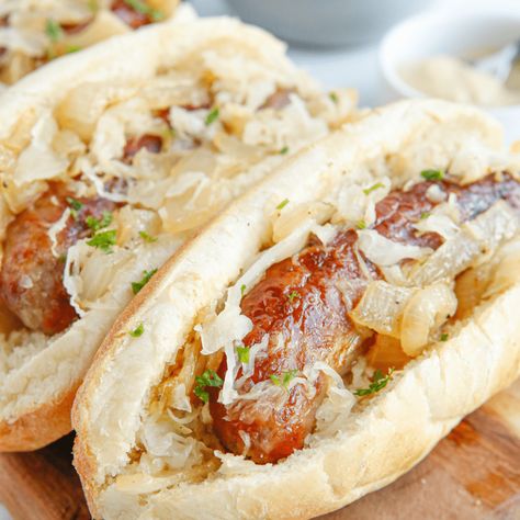 Frozen Brats In Air Fryer - Fork To Spoon Brats In The Oven, Cooking Brats, How To Cook Bratwurst, Whole Lotta Yum, How To Cook Brats, Bratwurst Recipes, Bratwurst Sausage, Grilled Onions, How To Cook Sausage