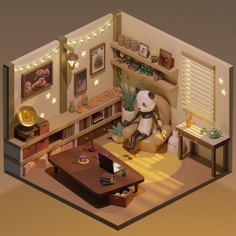 3D Cozy Isometric Room Isometric Room Design, Isometric 3d Room, Isometric Room 3d, 3d Isometric Room, Isometric Room, 3d Living Room, 3d Isometric, 3d Room, Cartoon Character Design